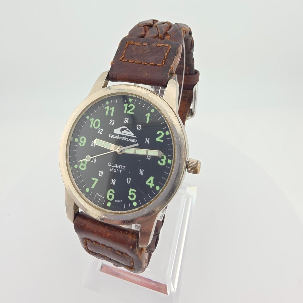 Vintage 1990s QUIKSILVER Mens Watch Black Dial Braided Brown Leather Band 8"